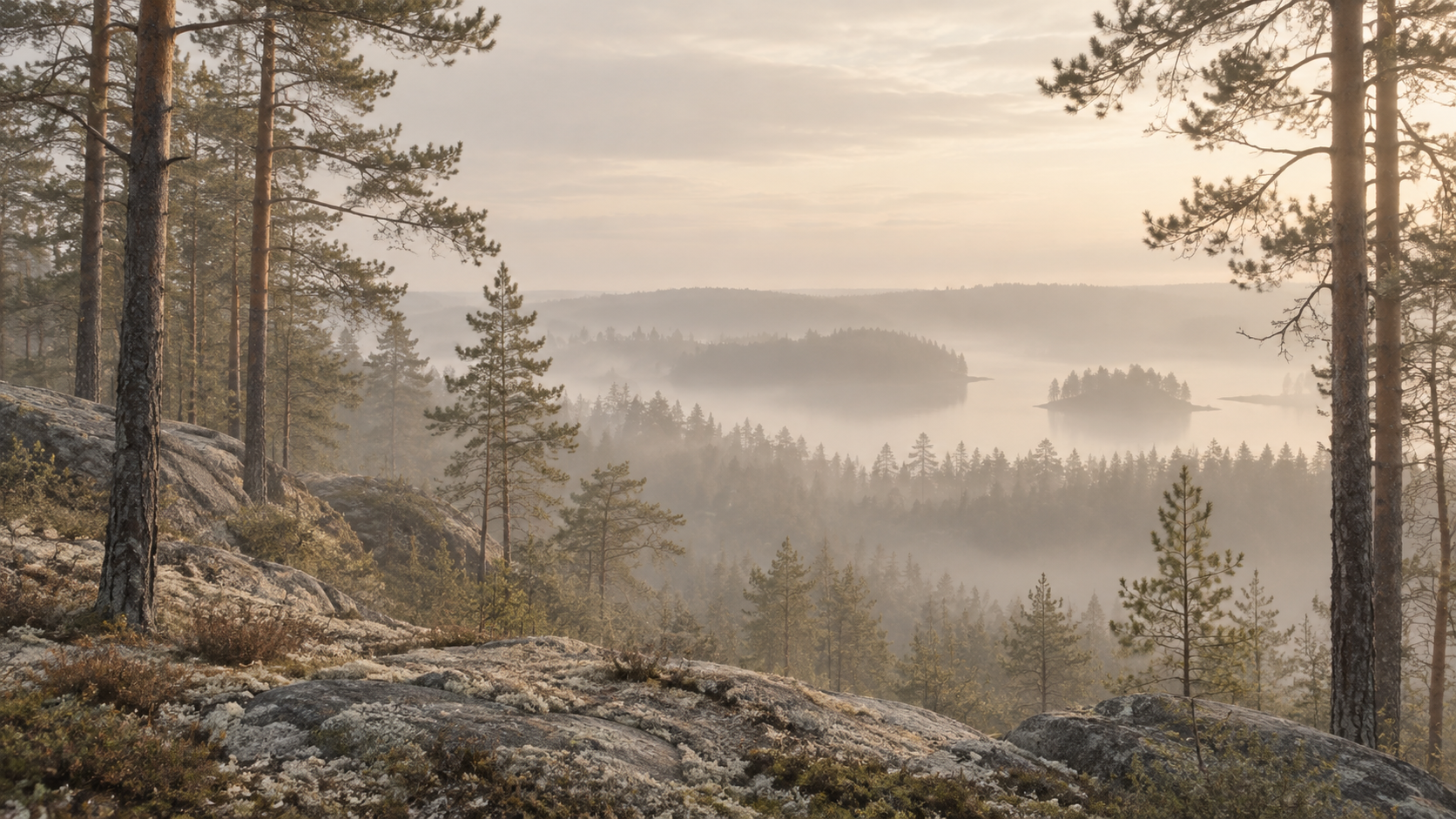 Mäntyjä kalliorinteellä ja utuinen järvimaisema